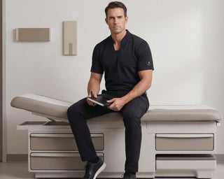 A man wearing a black short-sleeve scrub top and black pants sits on a beige medical examination table in a clean clinical room.