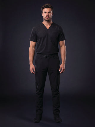 Kyur men's black V-neck short-sleeve scrub top and pants, full front view
