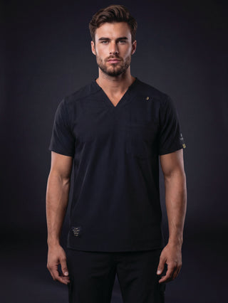 Kyur men's black V-neck scrub top and pants, full front view