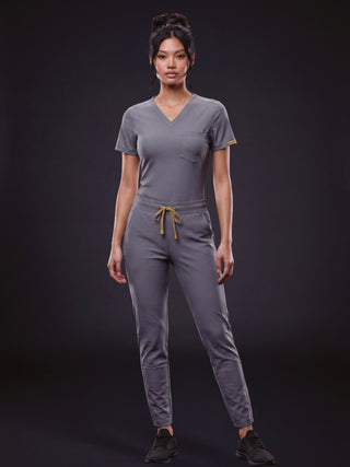 Kyur women's slate gray V-neck scrub top and drawstring pants, full front view