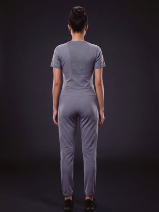 Kyur women's slate gray jogger-style scrub set, back view