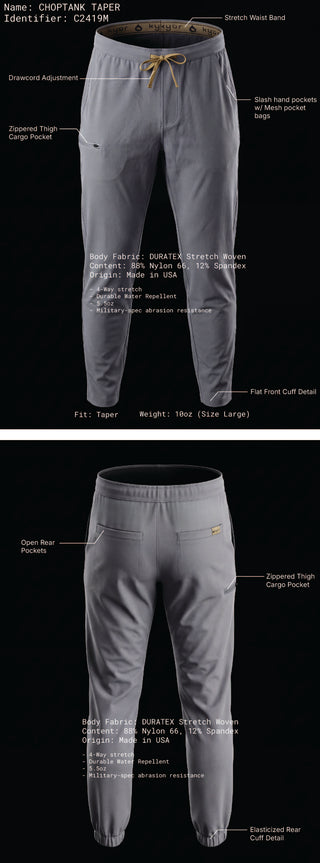 Kyur Choptank Taper men's scrub pants technical spec diagram, mobile view showing DURATEX four-way stretch fabric and cargo pocket details