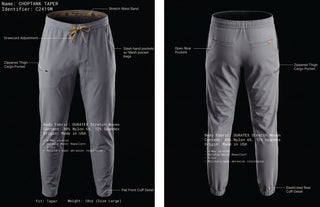 Kyur Choptank Taper men's scrub pants technical spec diagram, showing DURATEX four-way stretch fabric, zippered thigh cargo pocket, and drawcord waist