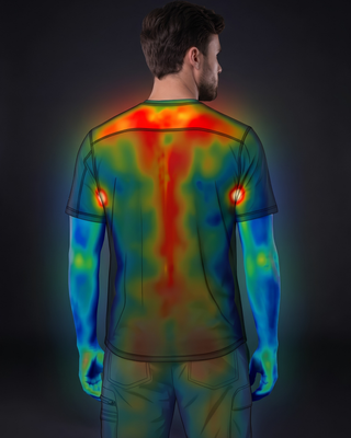 Kyur DELTA thermoregulation heat map showing body temperature zones on the back and shoulders in a Kyur base layer shirt